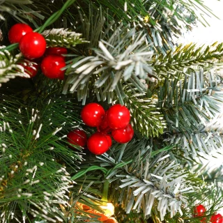 Aufun 60 cm Kunstkerstboom Tafelkerstboom Kleine kerstboom Dennenboom Kerstdecoratie Boom met LED-lichtketting met batterijdoos en voet (Sneeuwvlokken, rode bessen)