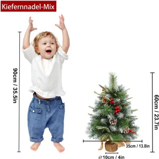Aufun 60 cm Kunstkerstboom Tafelkerstboom Kleine kerstboom Dennenboom Kerstdecoratie Boom met LED-lichtketting met batterijdoos en voet (Sneeuwvlokken, rode bessen)
