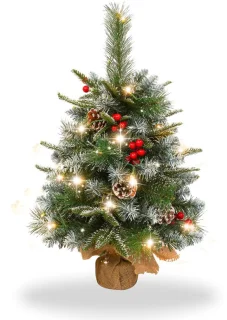 Aufun 60 cm Kunstkerstboom Tafelkerstboom Kleine kerstboom Dennenboom Kerstdecoratie Boom met LED-lichtketting met batterijdoos en voet (Sneeuwvlokken, rode bessen)
