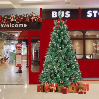 Kunstkerstboom 240 cm – PVC, met sneeuw-effect en dennenappels, inclusief standaard, voor grote ruimtes en kerstdecoratie