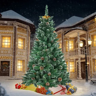 Kunstkerstboom 240 cm – PVC, met sneeuw-effect en dennenappels, inclusief standaard, voor grote ruimtes en kerstdecoratie