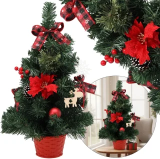 KLEINE Kunstkerstboom, rood met een ster van Bethlehem in een pot, VERSIERD 50 cm