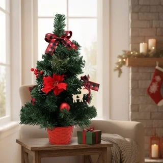 KLEINE Kunstkerstboom, rood met een ster van Bethlehem in een pot, VERSIERD 50 cm