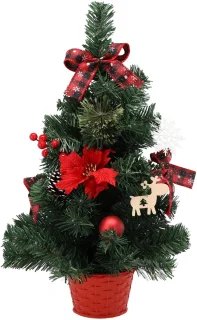 KLEINE Kunstkerstboom, rood met een ster van Bethlehem in een pot, VERSIERD 50 cm