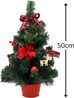 KLEINE Kunstkerstboom, rood met een ster van Bethlehem in een pot, VERSIERD 50 cm