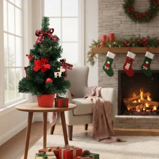 KLEINE Kunstkerstboom, rood met een ster van Bethlehem in een pot, VERSIERD 50 cm