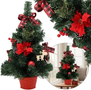 KLEINE Kunstkerstboom, rood met een ster van Bethlehem in een pot, VERSIERD 50 cm