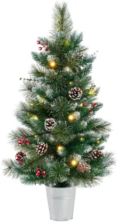 COSTWAY 90 cm kunstkerstboom met verlichting, kleine dennenboom in pot, tafelkerstboom met 20 warm-witte ledlampen, 8 modi, timer, bessen en dennenappels voor kerstdecoratie