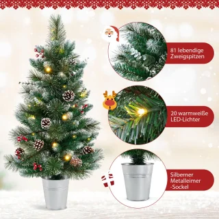 COSTWAY 90 cm kunstkerstboom met verlichting, kleine dennenboom in pot, tafelkerstboom met 20 warm-witte ledlampen, 8 modi, timer, bessen en dennenappels voor kerstdecoratie