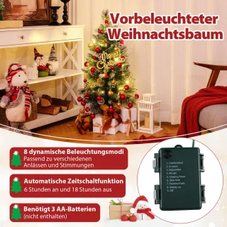 COSTWAY 90 cm kunstkerstboom met verlichting, kleine dennenboom in pot, tafelkerstboom met 20 warm-witte ledlampen, 8 modi, timer, bessen en dennenappels voor kerstdecoratie