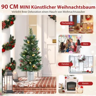 COSTWAY 90 cm kunstkerstboom met verlichting, kleine dennenboom in pot, tafelkerstboom met 20 warm-witte ledlampen, 8 modi, timer, bessen en dennenappels voor kerstdecoratie