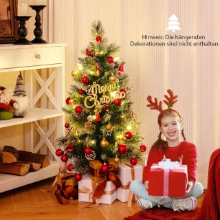 COSTWAY 90 cm kunstkerstboom met verlichting, kleine dennenboom in pot, tafelkerstboom met 20 warm-witte ledlampen, 8 modi, timer, bessen en dennenappels voor kerstdecoratie