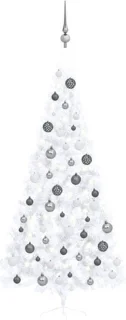 vidaXL - Kunstkerstboom - met - verlichting - en - kerstballen - half - 210 - cm - wit