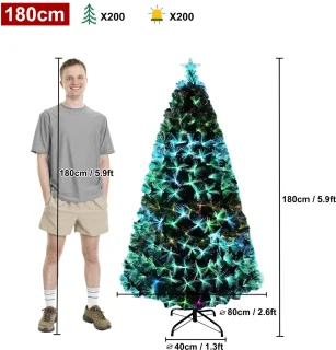 Kunstkerstboom met verlichting 180cm met dennennaalden en sparrenvezels kleurrijke glasvezel LED-kleurveranderende kerstboom kantoor thuis kerstversiering met standaard