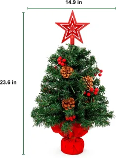 Uten Luxe uitvoering Mini Kerstboom - mini kerstboompje met verlichting - 50 lampen - Mini kerstboom met decoratie - Dennenappels en Besjes - kleine kerstboom - H60 x Ø38 cm