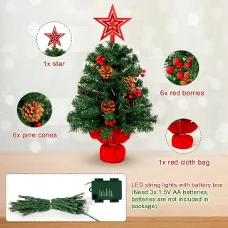 Uten Luxe uitvoering Mini Kerstboom - mini kerstboompje met verlichting - 50 lampen - Mini kerstboom met decoratie - Dennenappels en Besjes - kleine kerstboom - H60 x Ø38 cm