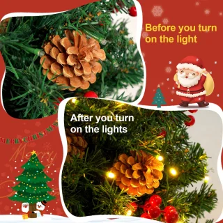 Uten Luxe uitvoering Mini Kerstboom - mini kerstboompje met verlichting - 50 lampen - Mini kerstboom met decoratie - Dennenappels en Besjes - kleine kerstboom - H60 x Ø38 cm
