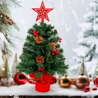 Uten Luxe uitvoering Mini Kerstboom - mini kerstboompje met verlichting - 50 lampen - Mini kerstboom met decoratie - Dennenappels en Besjes - kleine kerstboom - H60 x Ø38 cm