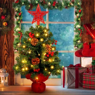 Uten Luxe uitvoering Mini Kerstboom - mini kerstboompje met verlichting - 50 lampen - Mini kerstboom met decoratie - Dennenappels en Besjes - kleine kerstboom - H60 x Ø38 cm