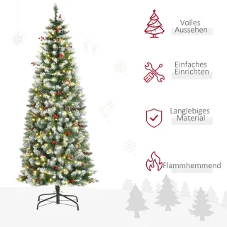 Pugsdrly Kunstmatige kerstboom 180 cm Kunstmatige dennenboom met ledverlichting, sneeuw, 618 punten Kerstboom Kerstversiering incl. stalen standaard voor binnen