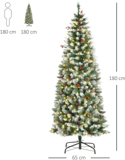 Pugsdrly Kunstmatige kerstboom 180 cm Kunstmatige dennenboom met ledverlichting, sneeuw, 618 punten Kerstboom Kerstversiering incl. stalen standaard voor binnen