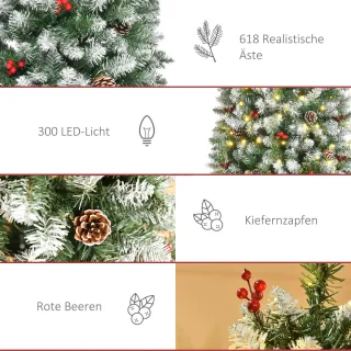 Pugsdrly Kunstmatige kerstboom 180 cm Kunstmatige dennenboom met ledverlichting, sneeuw, 618 punten Kerstboom Kerstversiering incl. stalen standaard voor binnen