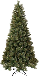 Shimmery Golden Bristle verlichte kunstkerstboom - 213 cm - Groen met goud - Ø114 cm - 891 tips - 450 ledlampjes (warm wit) - Met glitters - Metalen voet