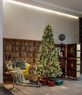 Shimmery Golden Bristle verlichte kunstkerstboom - 213 cm - Groen met goud - Ø114 cm - 891 tips - 450 ledlampjes (warm wit) - Met glitters - Metalen voet