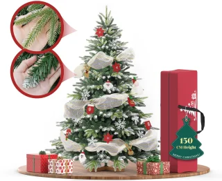 Soontrans Kunstkerstboom 150 cm - PVC + PE Kunstmatige Spar Met Sneeuweffect - Decoratieve Accessoires - Beschermende Handschoenen, Opbergtas, Houten Standaard, Kerstboom Snel te Monteren Vouwsysteem