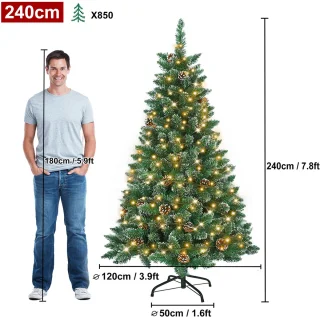 240cm Kunstkerstboom met lichtgevende groene PVC met sneeuweffect & dennenappels LED PVC kerstboom dennenboom decoratieve boom met standaard Kerstversiering voor kerstversiering