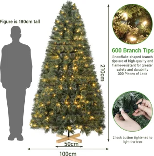 Kunstkerstboom - 210cm - Met LED Verlichting - Vlamvertragend PVC - Polyetheen - Realistische Dennenlook - 600 Takken - Geïntegreerde Verlichting - Houten Standaard - Opvouwbaar - Paraplu Systeem - Kerstdecoratie Binnen