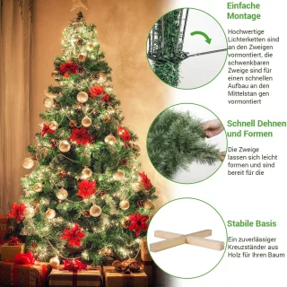 Kunstkerstboom - 210cm - Met LED Verlichting - Vlamvertragend PVC - Polyetheen - Realistische Dennenlook - 600 Takken - Geïntegreerde Verlichting - Houten Standaard - Opvouwbaar - Paraplu Systeem - Kerstdecoratie Binnen
