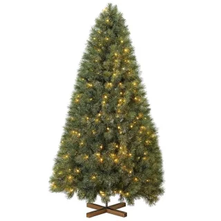 Kunstkerstboom - 210cm - Met LED Verlichting - Vlamvertragend PVC - Polyetheen - Realistische Dennenlook - 600 Takken - Geïntegreerde Verlichting - Houten Standaard - Opvouwbaar - Paraplu Systeem - Kerstdecoratie Binnen
