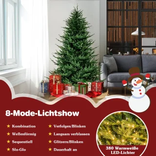 COSTWAY 210 cm kunstkerstboom verlicht, opklapbare kerstboom met 8 lichtmodi, 380 warmwitte ledlampen, 1130 takken van PE en pvc, dennenboom, kunstboom Kerstmis, groen