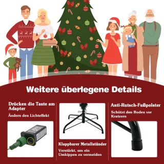 COSTWAY 210 cm kunstkerstboom verlicht, opklapbare kerstboom met 8 lichtmodi, 380 warmwitte ledlampen, 1130 takken van PE en pvc, dennenboom, kunstboom Kerstmis, groen