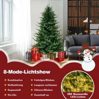 COSTWAY 210 cm kunstkerstboom verlicht, opklapbare kerstboom met 8 lichtmodi, 380 warmwitte ledlampen, 1130 takken van PE en pvc, dennenboom, kunstboom Kerstmis, groen