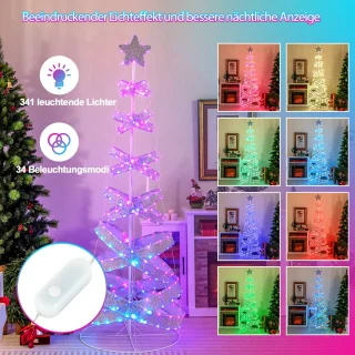 COSTWAY Led-spiraalvormige kerstboom, 210 cm verlichte dennenboom, 341 leds, 34 lichtmodi, inklapbaar, led-lichtboom, spiraalboom met ster, kerstboom van polyester metaal, kerstdecoratie voor binnen