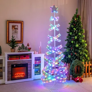 COSTWAY Led-spiraalvormige kerstboom, 210 cm verlichte dennenboom, 341 leds, 34 lichtmodi, inklapbaar, led-lichtboom, spiraalboom met ster, kerstboom van polyester metaal, kerstdecoratie voor binnen