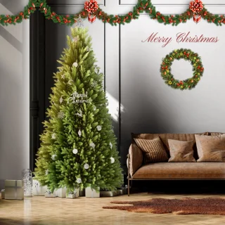 NAIZY Kunstkerstboom 225 cm PVC+PE Dennenboom Kerstboom Levensecht met Houten Voet Kerstbomen Kerstboom Kerstdecoratie