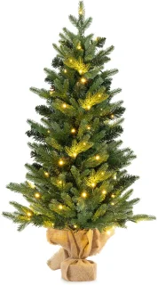 COSTWAY 90 cm kunstkerstboom met verlichting, kleine dennenboom, tafelkerstboom met 50 warm-witte ledlampen en timer voor kerstdecoratie, groen
