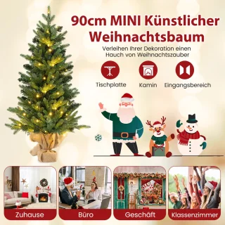 COSTWAY 90 cm kunstkerstboom met verlichting, kleine dennenboom, tafelkerstboom met 50 warm-witte ledlampen en timer voor kerstdecoratie, groen