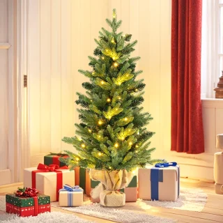 COSTWAY 90 cm kunstkerstboom met verlichting, kleine dennenboom, tafelkerstboom met 50 warm-witte ledlampen en timer voor kerstdecoratie, groen