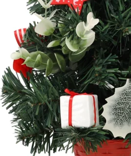 KLEINE Kunstkerstboom, rood met hulst in pot, VERSIERD 30 cm
