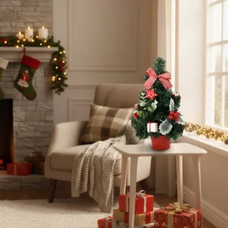 KLEINE Kunstkerstboom, rood met hulst in pot, VERSIERD 30 cm