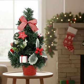 KLEINE Kunstkerstboom, rood met hulst in pot, VERSIERD 30 cm