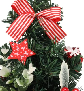 KLEINE Kunstkerstboom, rood met hulst in pot, VERSIERD 30 cm