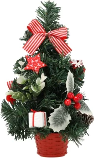 KLEINE Kunstkerstboom, rood met hulst in pot, VERSIERD 30 cm