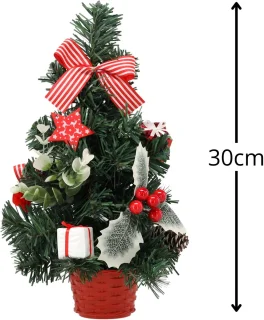 KLEINE Kunstkerstboom, rood met hulst in pot, VERSIERD 30 cm