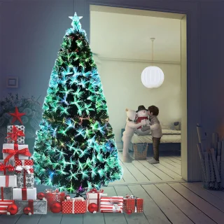 Kunstkerstboom met verlichting 240cm met dennennaalden en sparrenvezels kleurrijke glasvezel LED-kleurveranderende kerstboom kantoor thuis kerstversiering met standaard