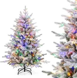 COSTWAY Kunstkerstboom, 146 cm, gevlokte dennenboom met 160 veelkleurige ledlampen, 8 lichtmodi en 436 takpunten, verlichte kerstboom voor thuis, bedrijf en kantoor
